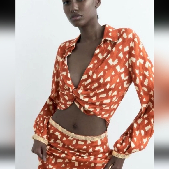 Zara Linen Blend Printed Top in Terracotta With Sequins Beads Sleeves Size S - Picture 1 of 16